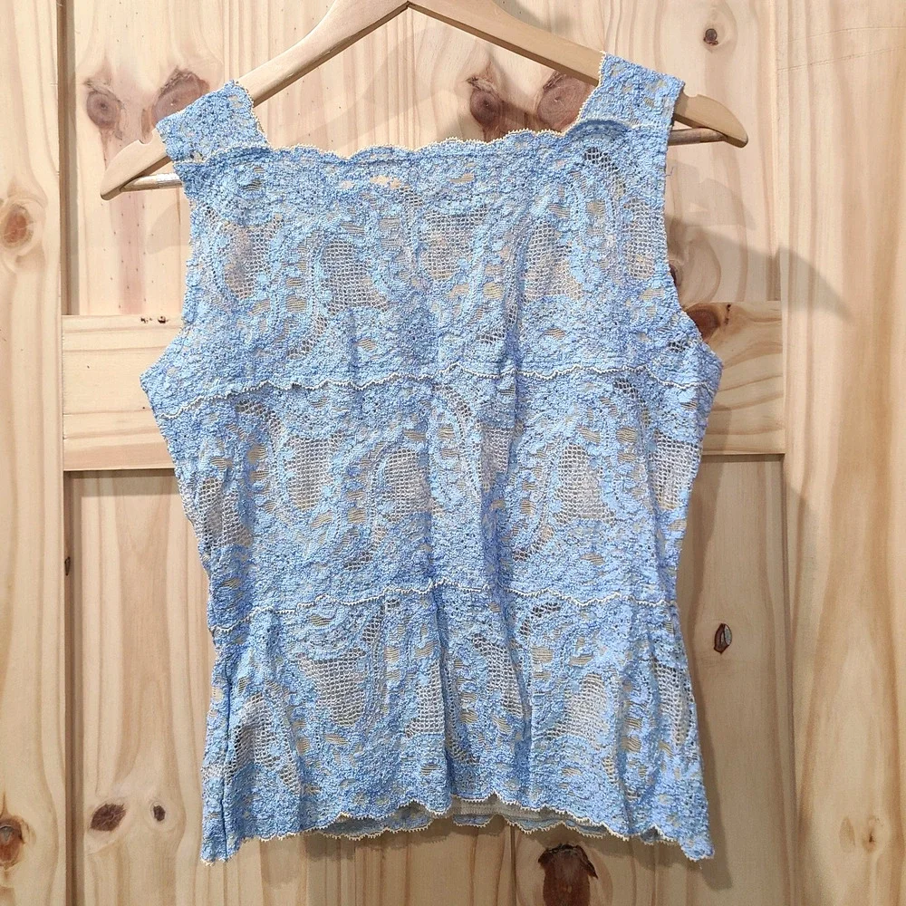 Vintage Kay Celine Blue Tan Lace Cami Sheer Tank Y2K Fairy Coquette Girl Size L - Picture 3 of 7